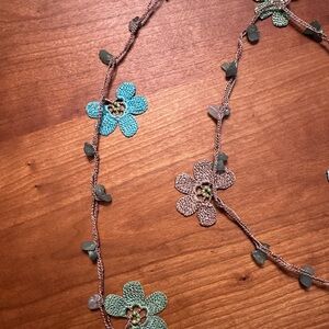 Beaded silk cord flowered lariat 65”